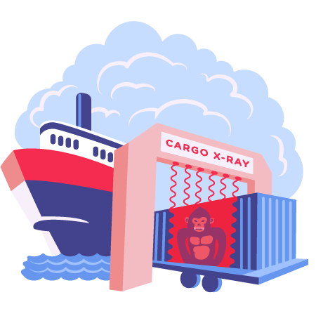 Illustration of cargo scanning, "cargo x-ray" gorilla inside shipping container (red, white, and blue)