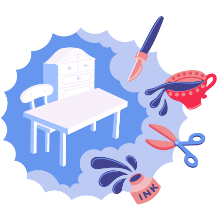 Illustration of desk, quiz, ink, scissors, coffee (red, white and blue)