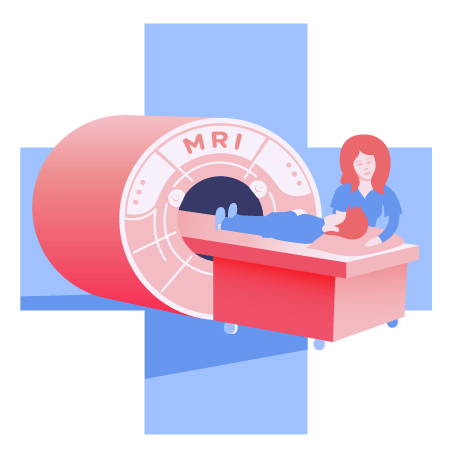Illustration of MRI technician and patient (red and white) on top of plus sign (blue)