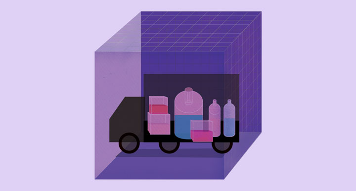 Illustration of purple background and purple cube with truck inside