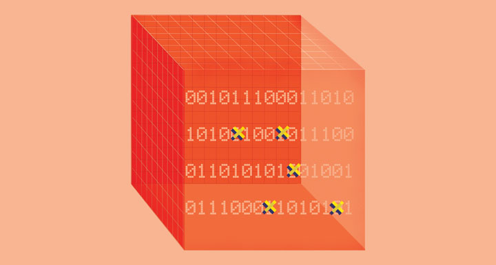 Illustration of red background and red cube with 1's and 0's inside 