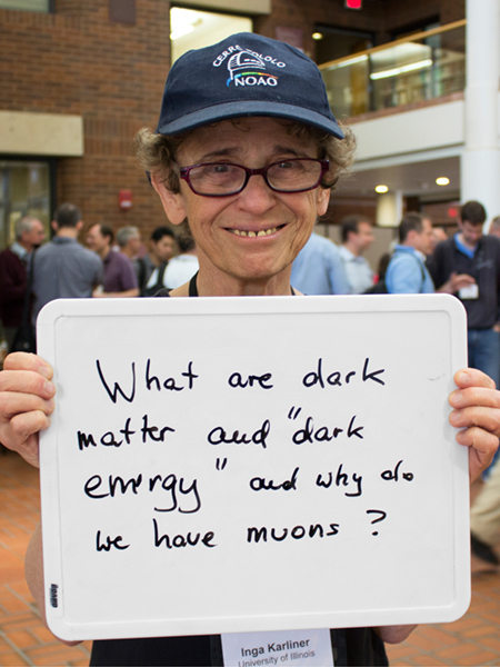 Photo of Inga Karliner holding whiteboard that says "What are dark matter and "dark energy" and why do we have muons?"