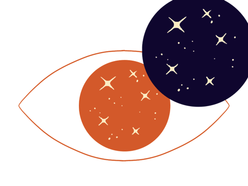 Image of "Image Simulator" over orange outline of eye with orange star pupil, purple star pupil comes in and covers orange
