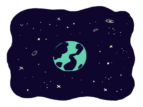 Illustration of space with planet in center (sea-foam green and purple)