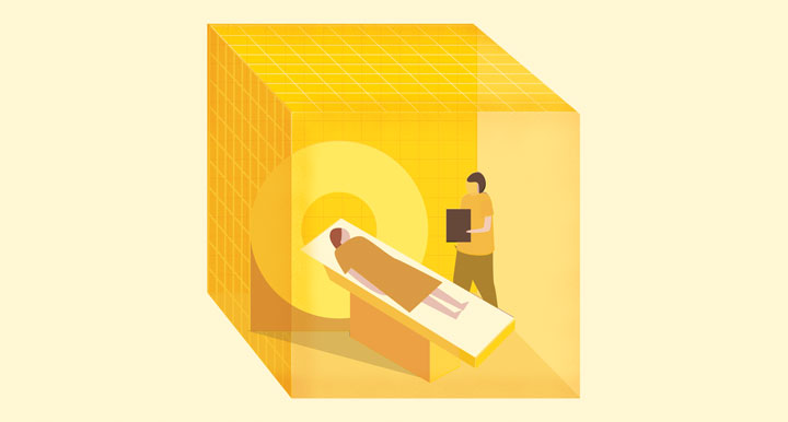 Illustration of yellow background, with yellow cube with medical professional and patient inside