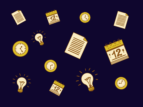 Illustration of purple background with yellow papers, lightbulbs, and calendars