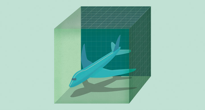 Illustration of green background, with green cube with airplane inside 