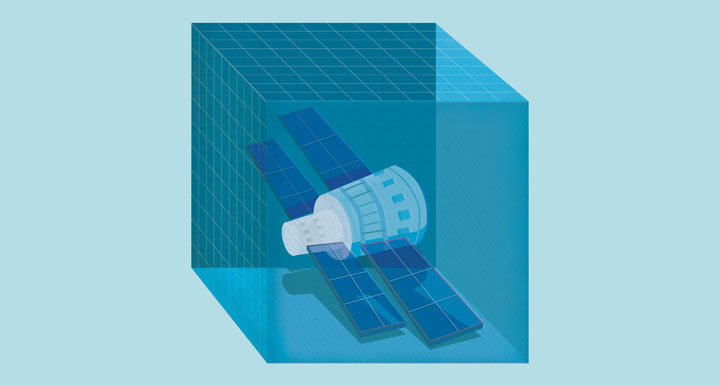 Illustration of blue background, with blue cube with satellite inside