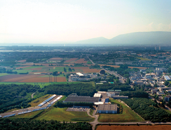 Hundreds of blue dipole magnets sit outside the magnet test facility waiting for installation in the LHC tunnel.