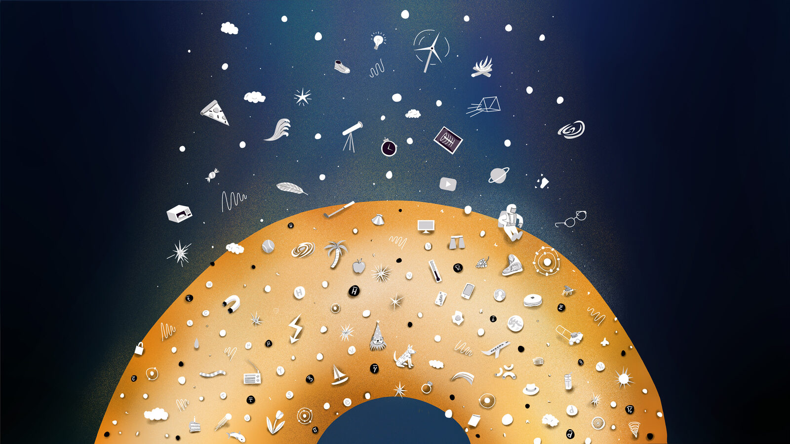Illustration of a bagel with different objects sprinkling onto its surface like toppings on an "everything" bagel