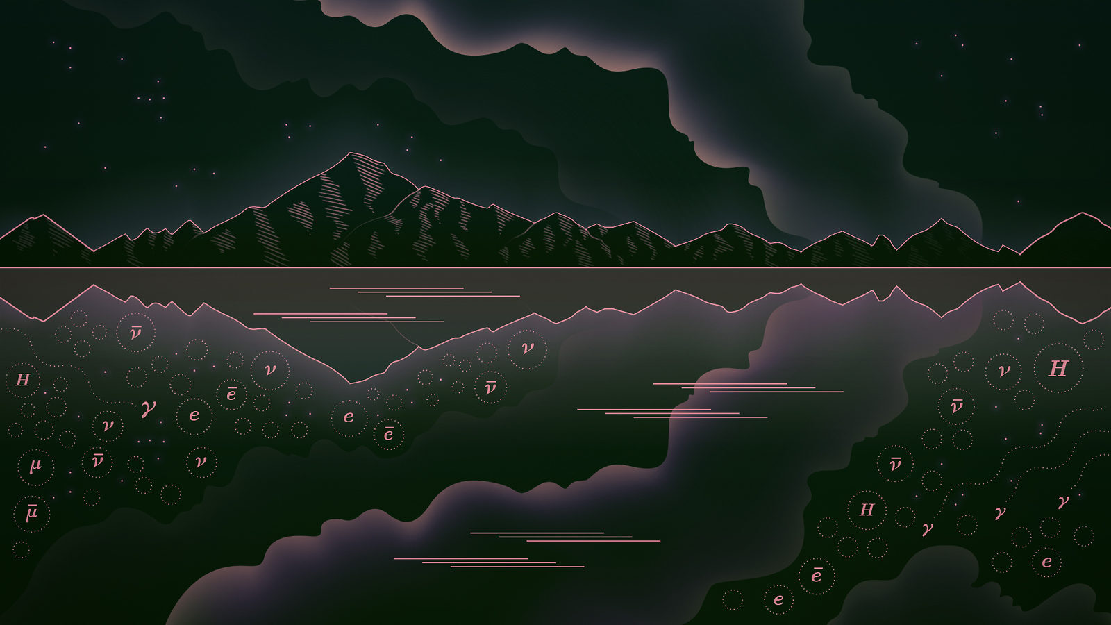 Illustration of black and pink mountains with smoke over lake with mirror reflection