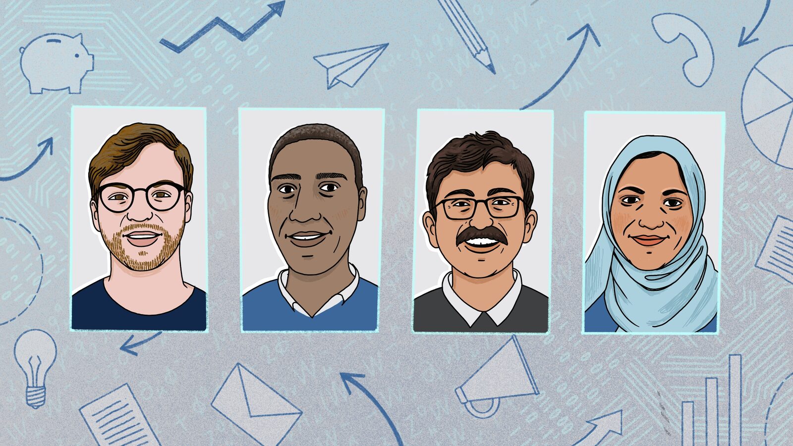 Illustrated portraits of people referenced in the article