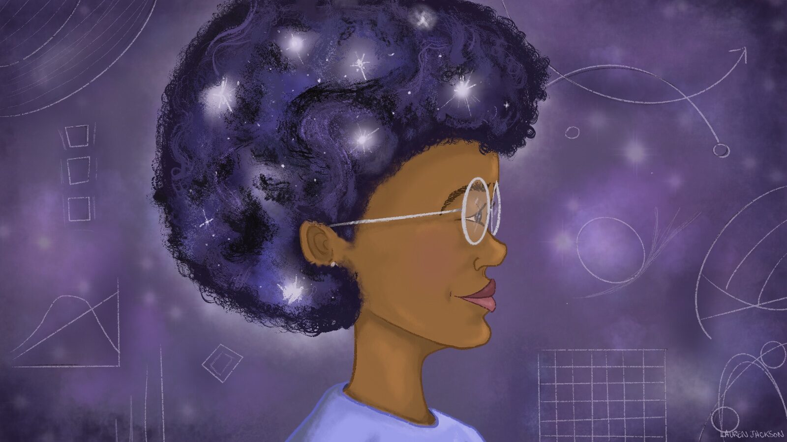 Illustration of a woman of color with galaxies in her hair