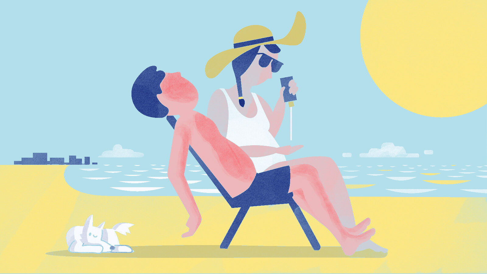 Illustration of a beach scene with a sunburned man