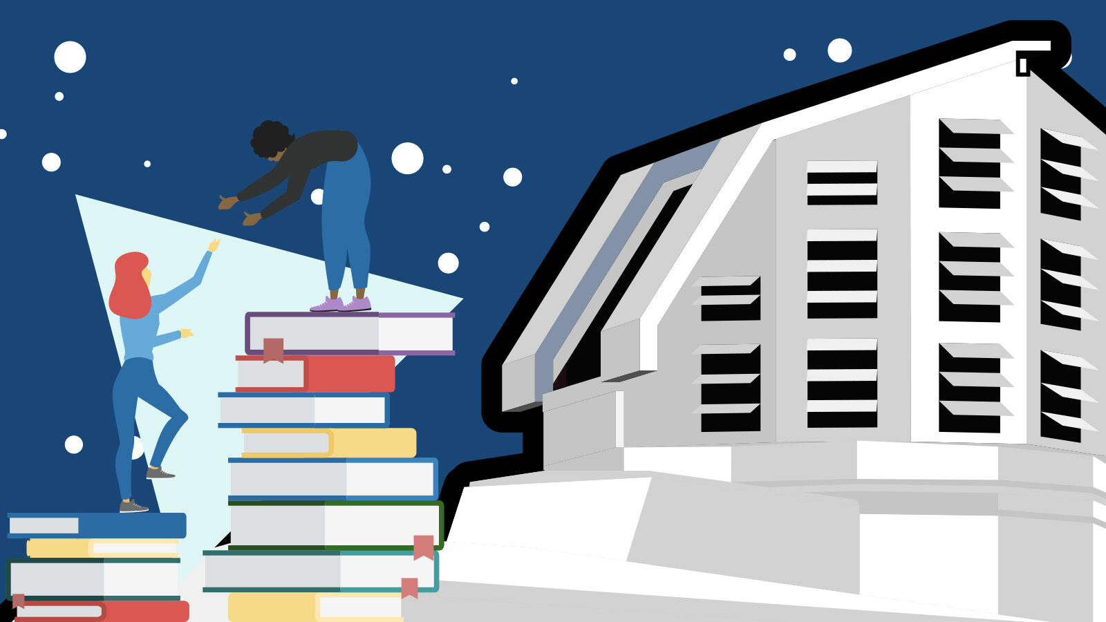 Illustration of the observatory next to people standing on stacks of books