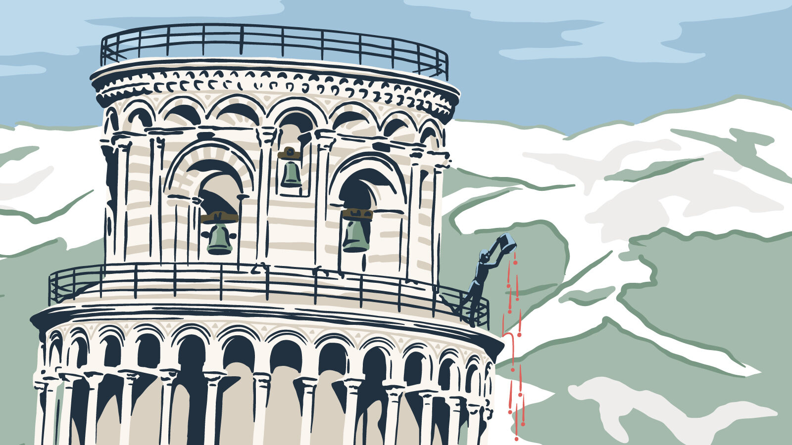 Illustration of someone dropping something off the leaning tower of Pisa