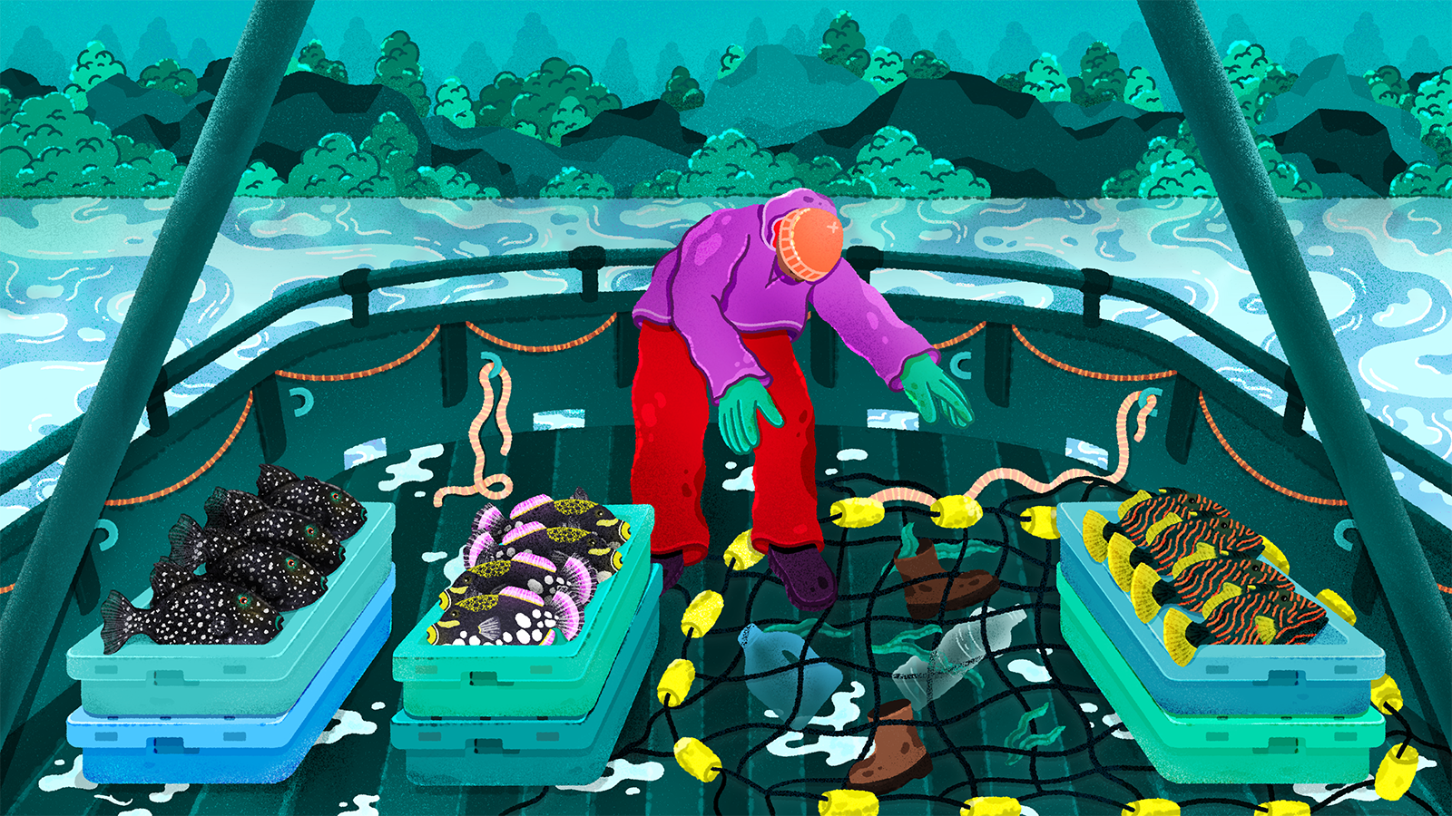 An illustration of a fisherman sorting his catch