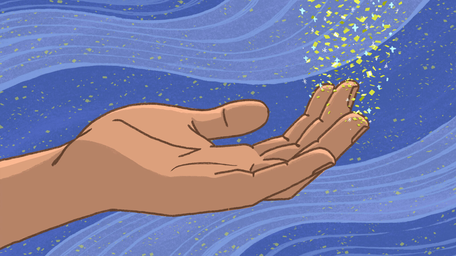 Illustration of a hand with glitter near the fingertips