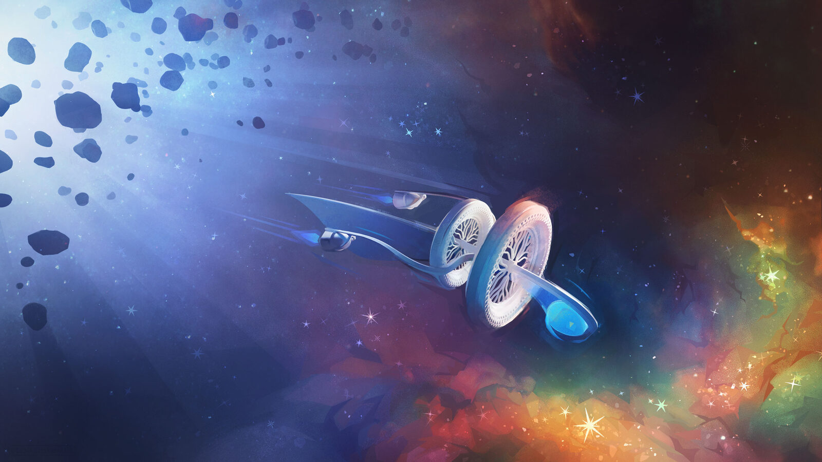 Conceptual illustration of a generation ship flying through space