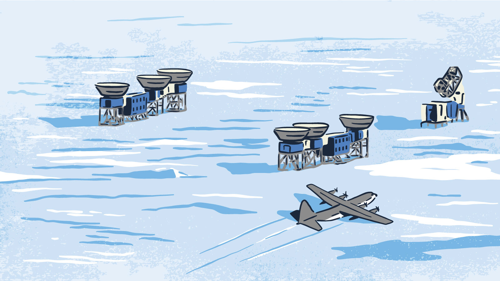Illustration of a plane landing at the IceCube Neutrino Observatory