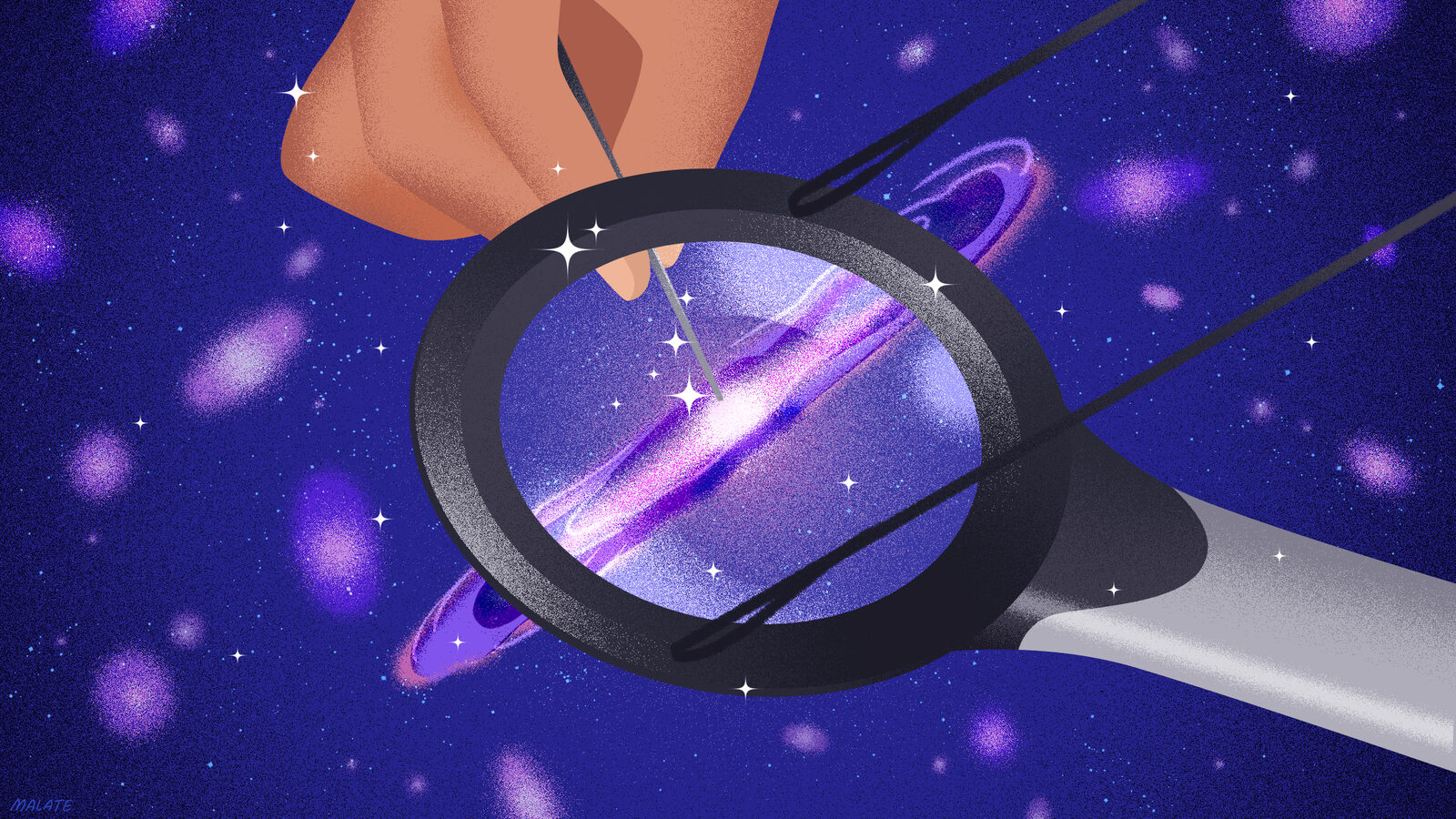 Illustration of a scientist pinpointing part of a galaxy through the lens of a magnifying glass