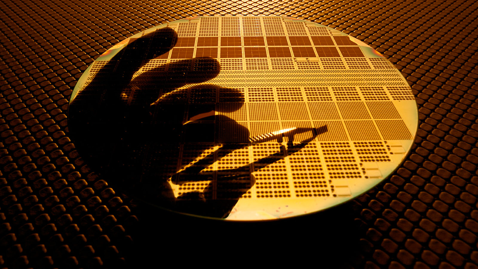 Photo of persons hand on a single silicon wafer