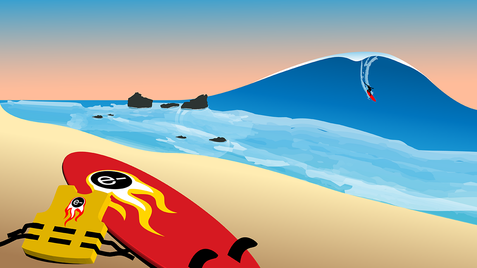 Illustration of beach with surf board, life vest, and person surfing on large blue wave in background
