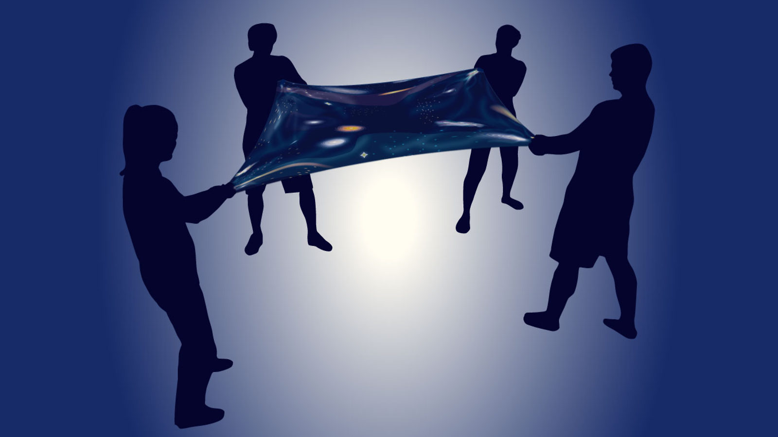 Illustration of four people holding four corner of a dark energy blanket