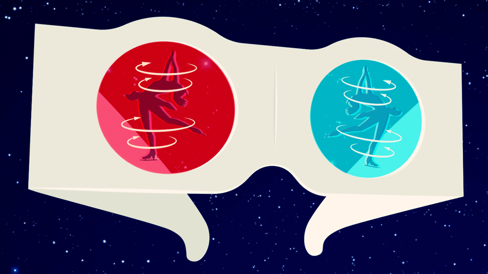 Illustration of 3D glasses in space with ballerinas spinning in red and blue lenses
