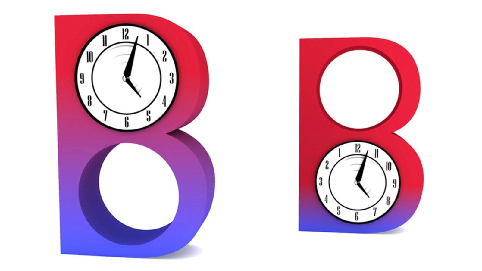 Illustration of "BB" red and blue gradient with clocks inside letterforms 