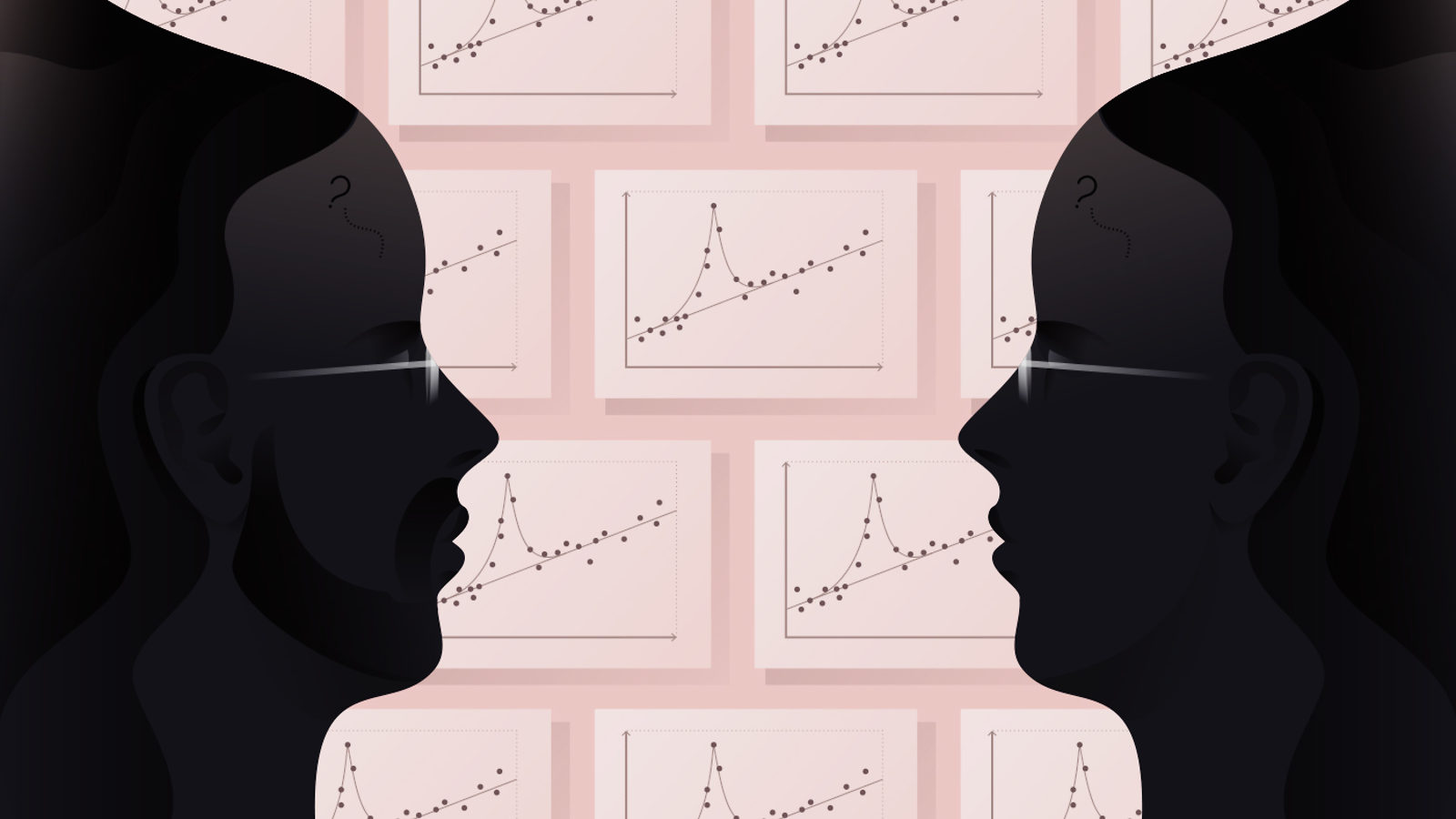 Illustration of man's profile in black on the left, woman's profile on right. Pink background with coated in brick pattern