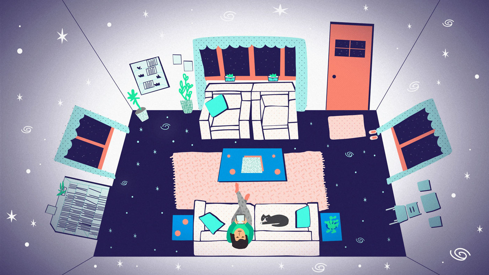 Illustration of arial view of living room with stars and galaxies on ceiling 