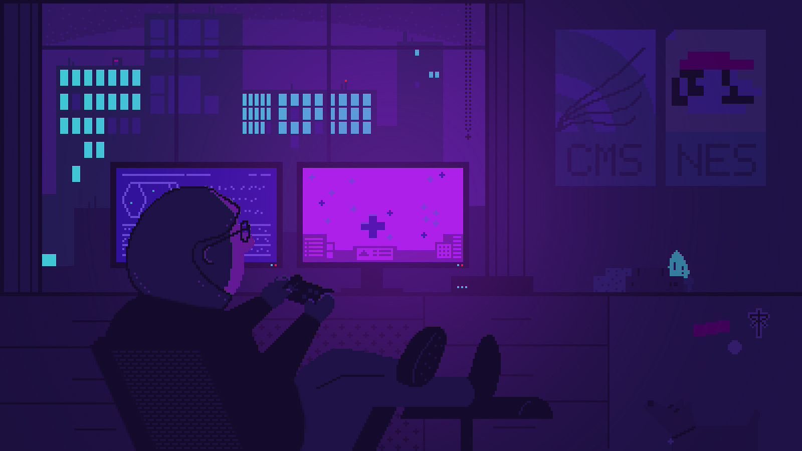 Illustration in 8-bit style showing a scientist playing a video game in a darkened room