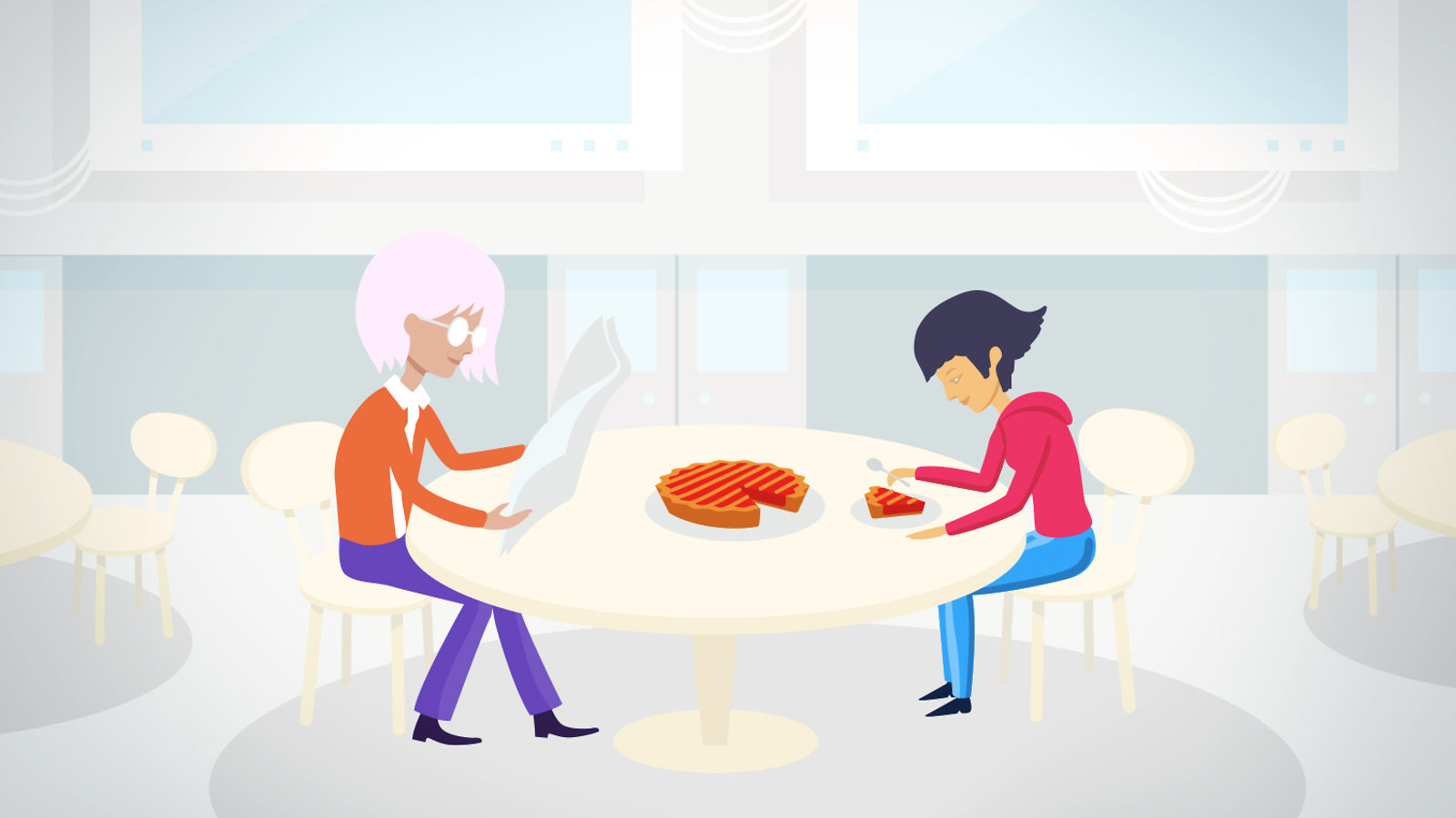 Illustration of two people sitting at table cherry pie: deconstruction