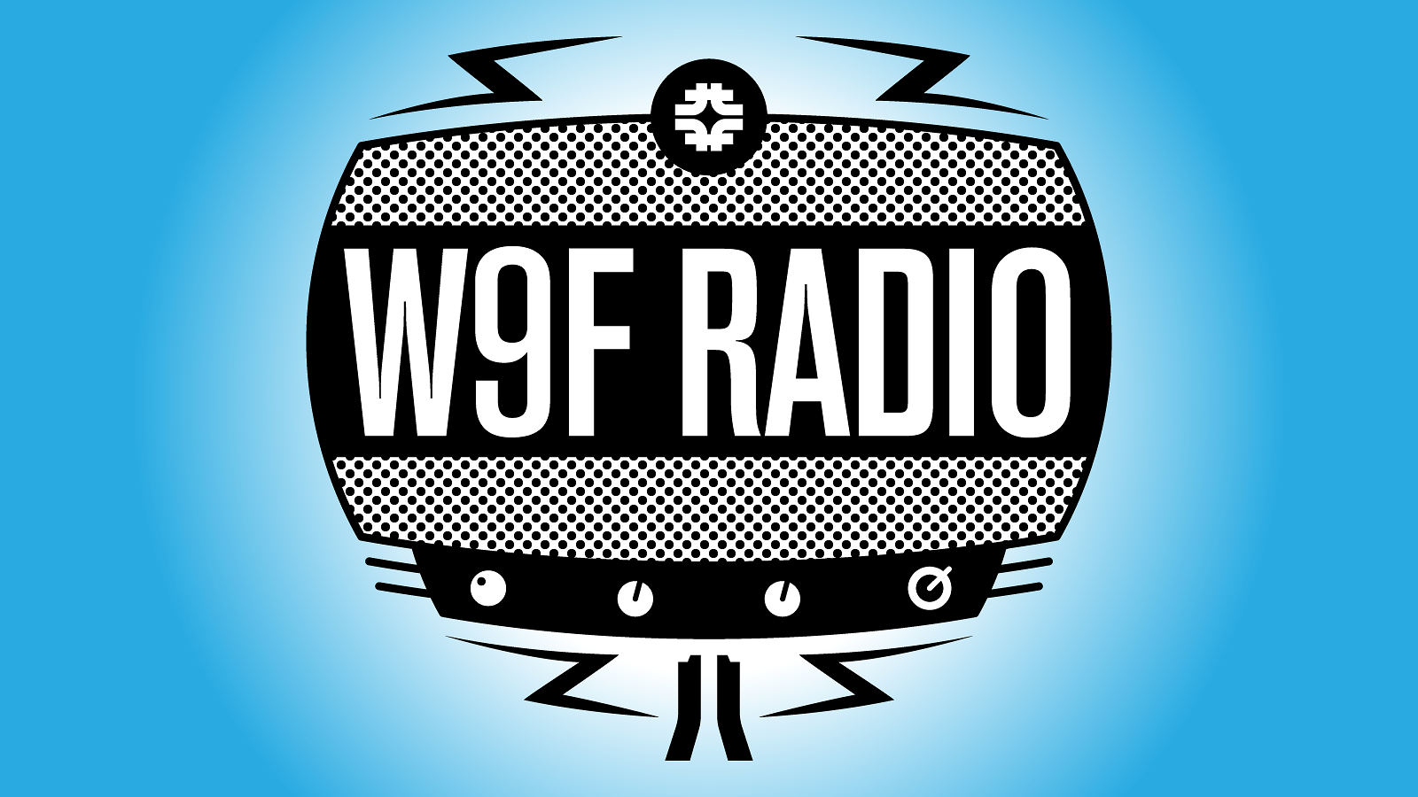 Illustration of black and white W9F RADIO graphic on blue background