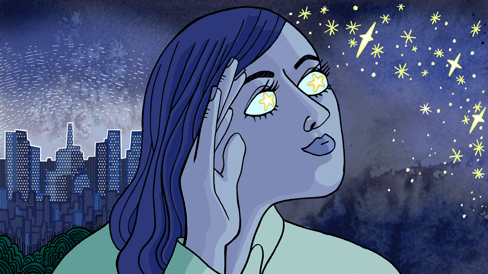 Cityscape background, woman with stars in her eyes looks on towards the stars