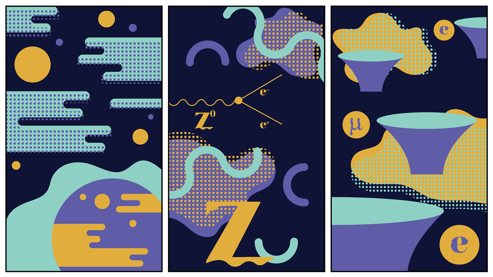 Illustration of dark matter, gravitons, and microscopic black holes (teal, purple, navy, mustard)