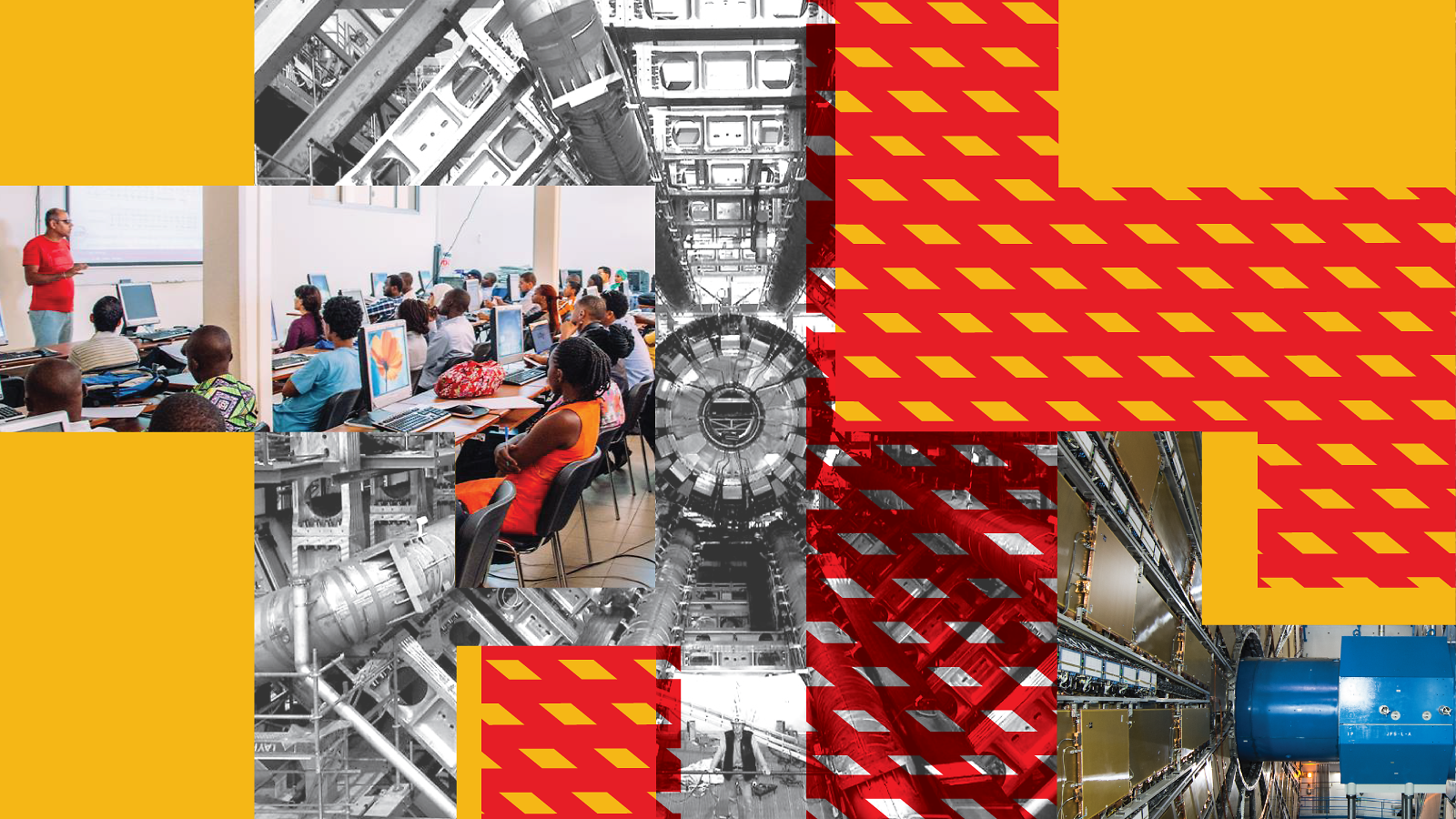 Yellow and red collage of ATLAS machine and students in classroom