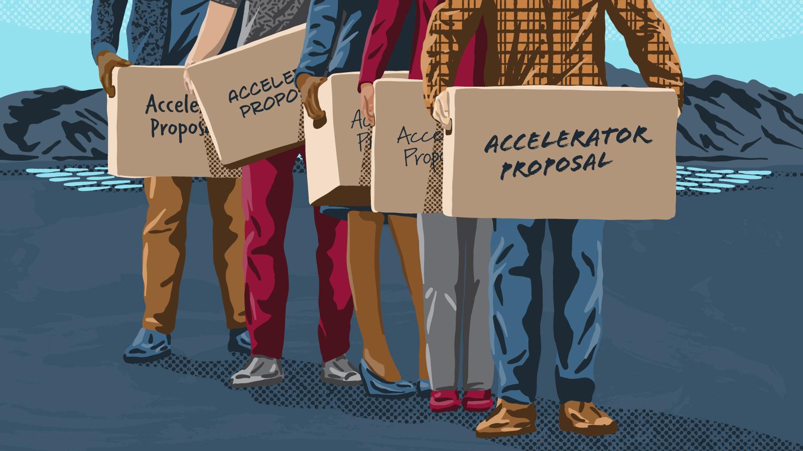 Illustration of people holding boxes labeled "accelerator proposal"