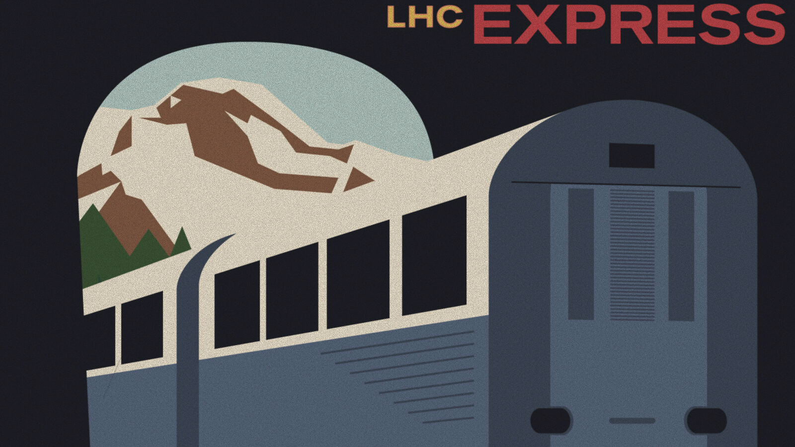 "LHC Express" illustration of a train that looks like a vintage postcard