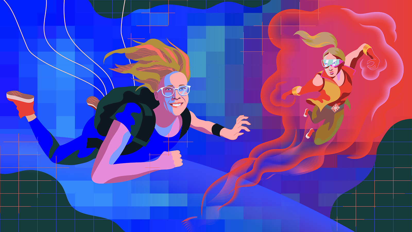 An illustration of Becky Thompson skydiving next to Spectra