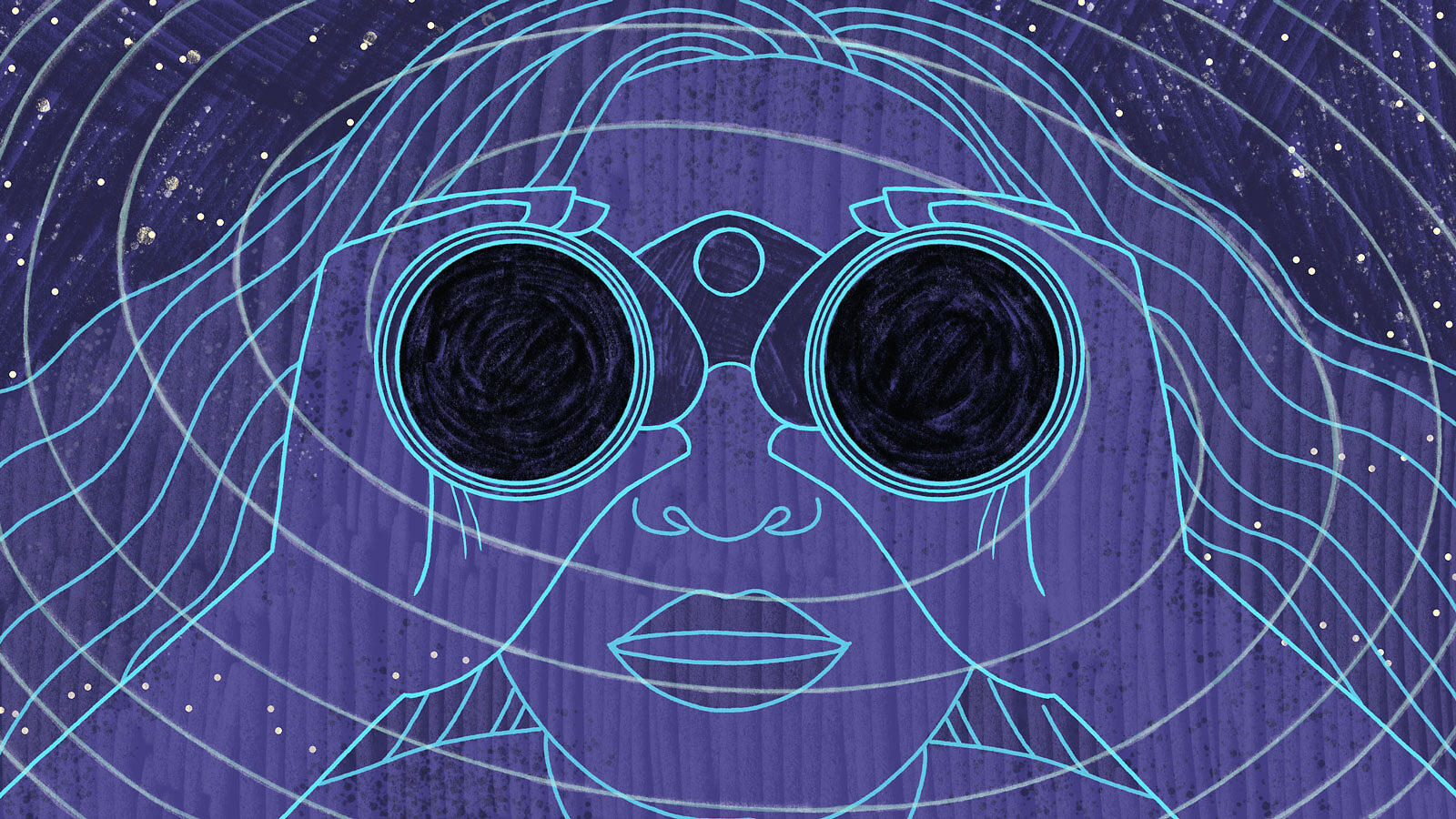 Illustration of a woman looking through binoculars with black holes as lenses