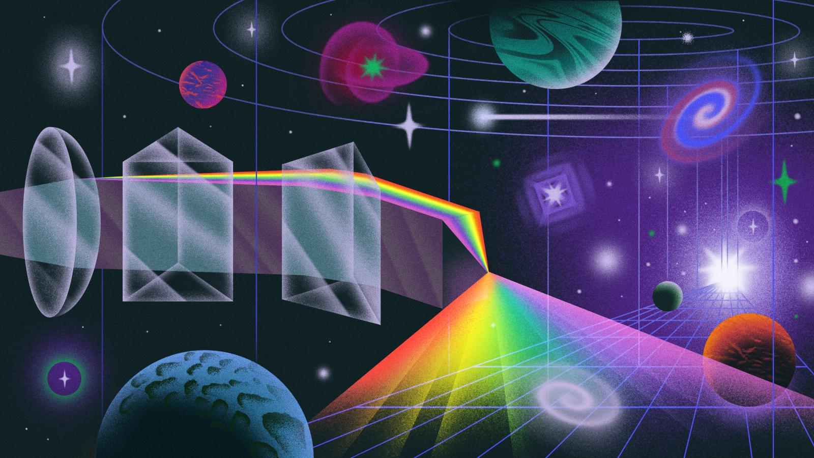 Illustration showing light diffracted into a rainbow of colors in space