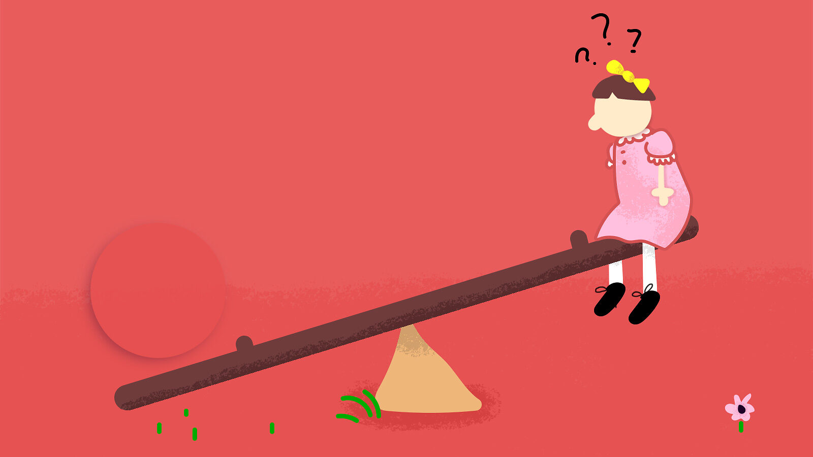 Illustration: a kid is stuck on the top of a teeter-totter with a mysterious object holding the other side