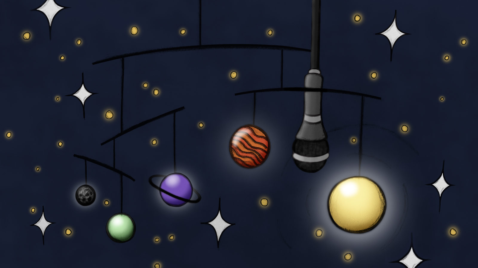 Solar system with microphone mobile with stars in background 