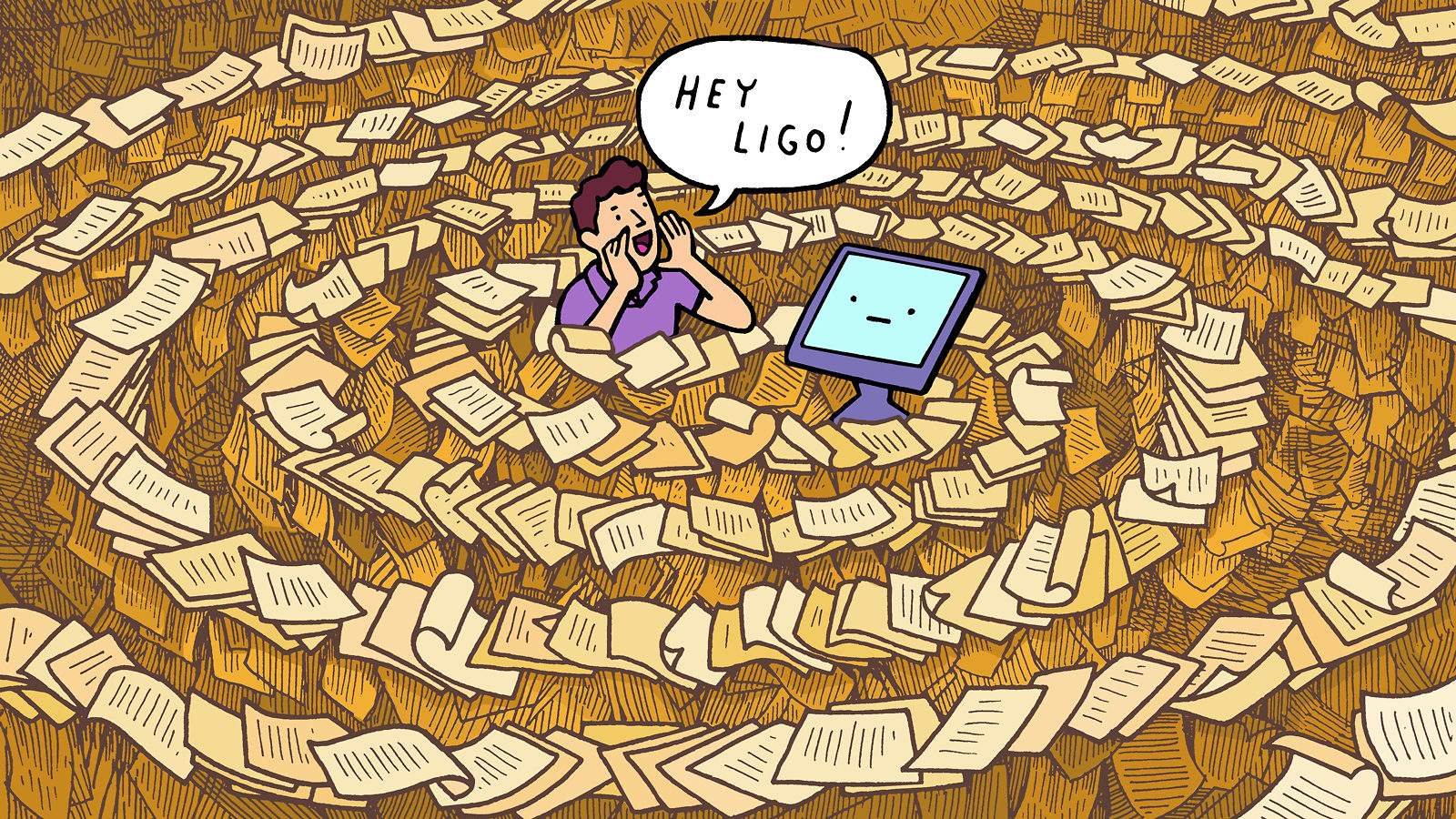 An illustration of a man surrounded by a swirl of paper shout's "Hey LIGO" at a computer