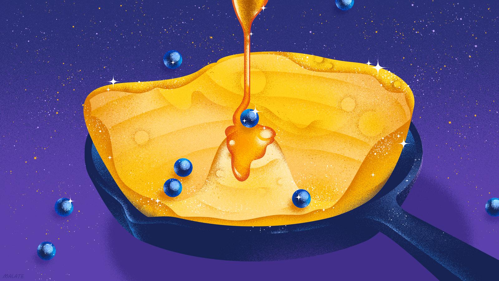 Illustration of a Dutch baby pancake with blueberries, surrounded by stars