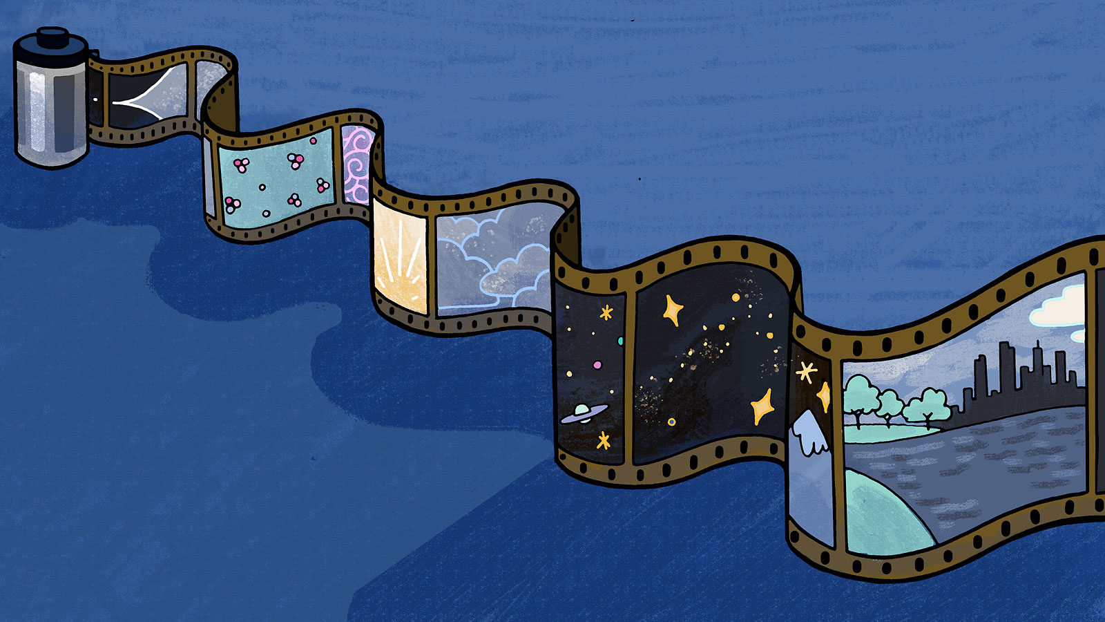 An illustration of a filmstrip cotaining images representing stages of the early universe