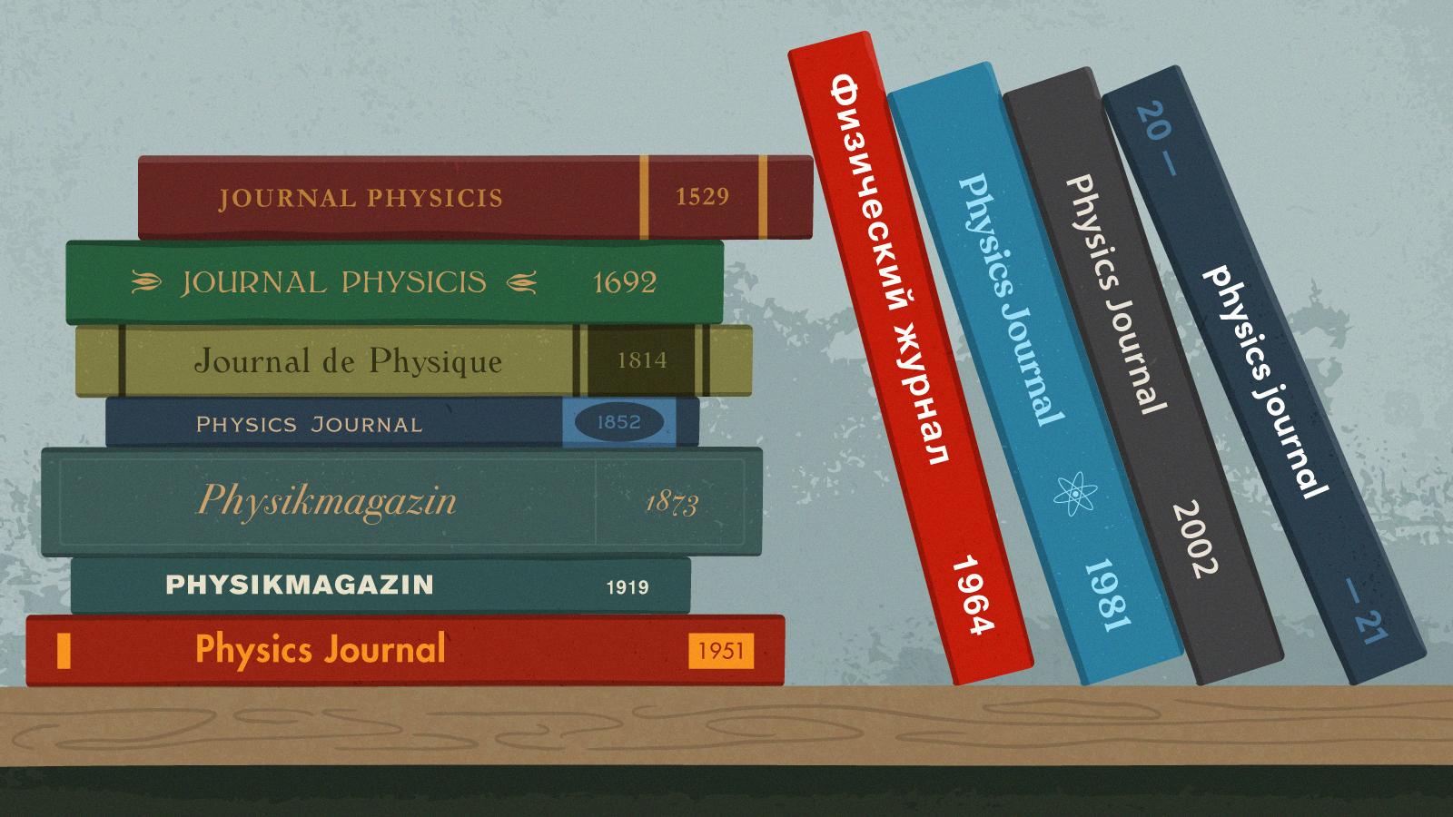 Illustration of physics journals in many languages