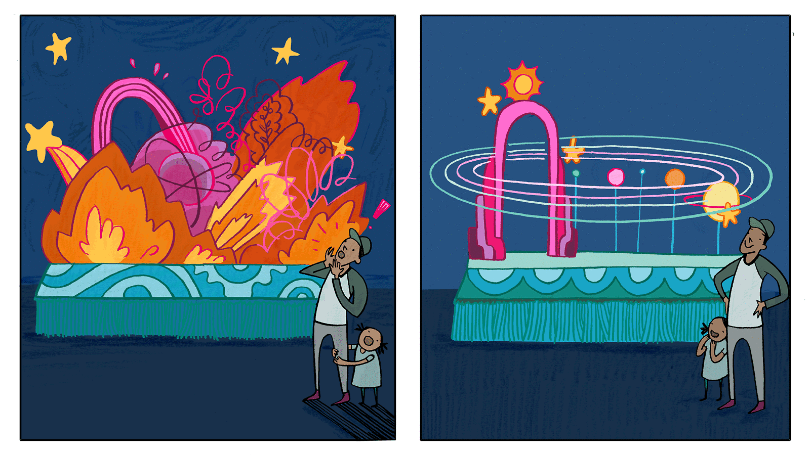 Two sided image: Man and son looking scared at float with fireworks, man and son looking happily at solar system float and